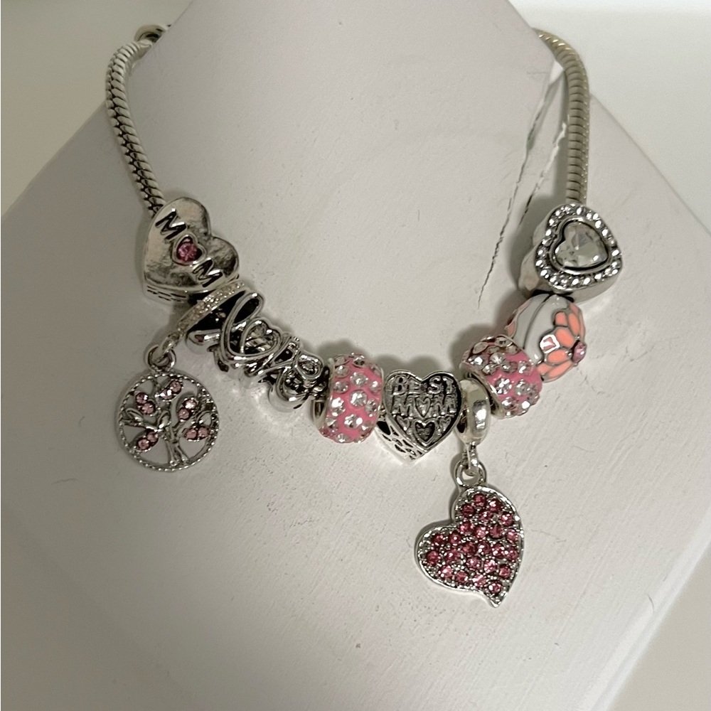 Mom Charm Bracelet Pink Silver Tone Best Mom Heart Love Gift - Picture 3 of 4